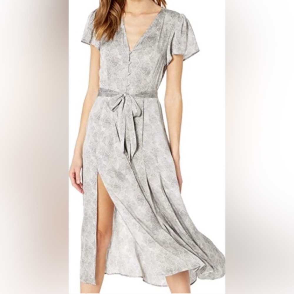 PAIGE Alayna Designer Snakeskin Short Sleeve Silver Black Tie Waist Midi Dress S